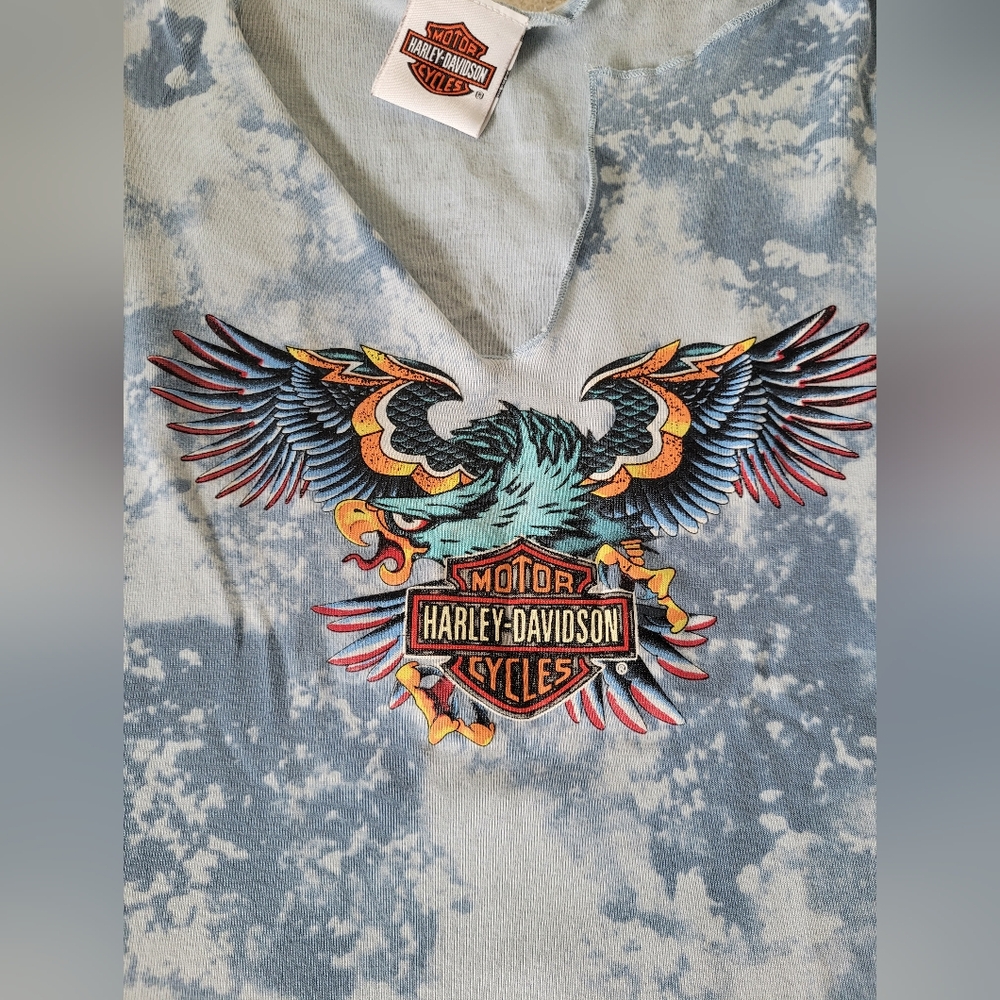 Harley-Davidson Women's Blue Tie-Dye Eagle V-Neck Tank with Multicolor Graphic - Picture 2 of 5